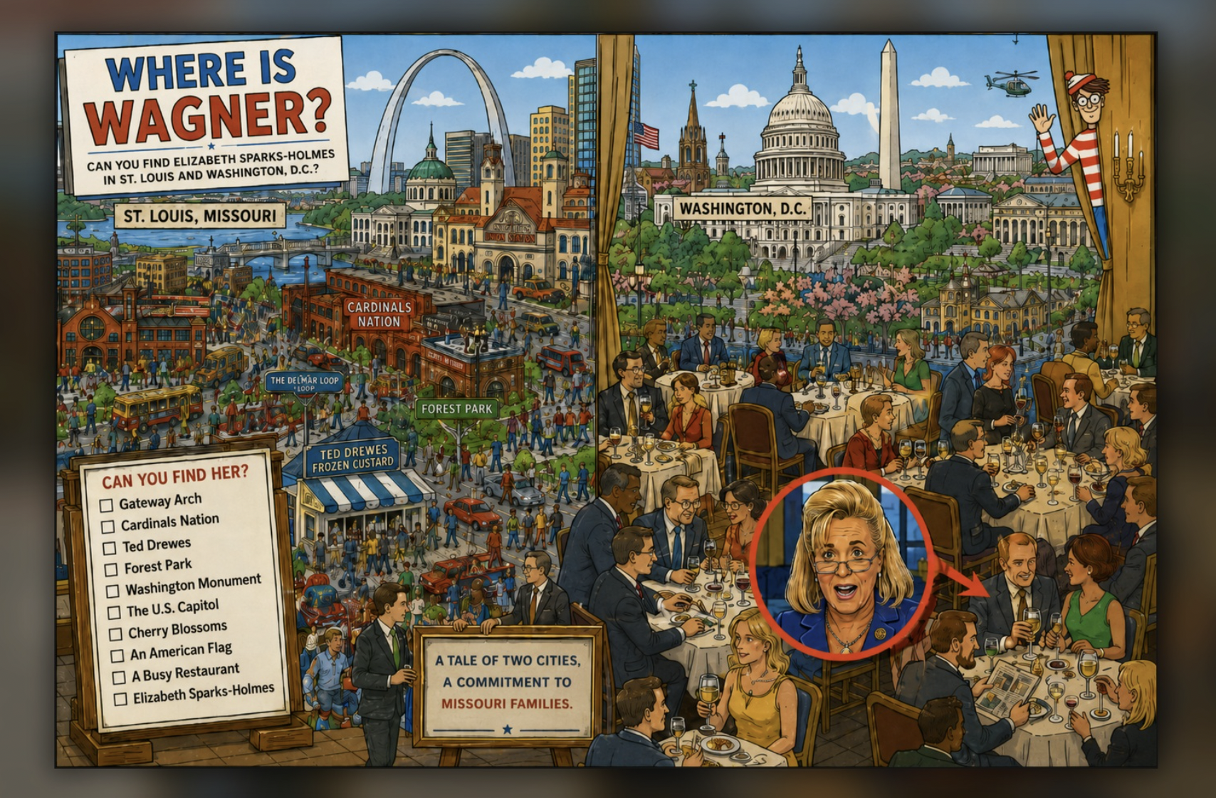 Campaign accountability graphic asking Where is Wagner with a magnifying glass over Ann Wagner and a search list for open town halls, direct answers, and regular public access.