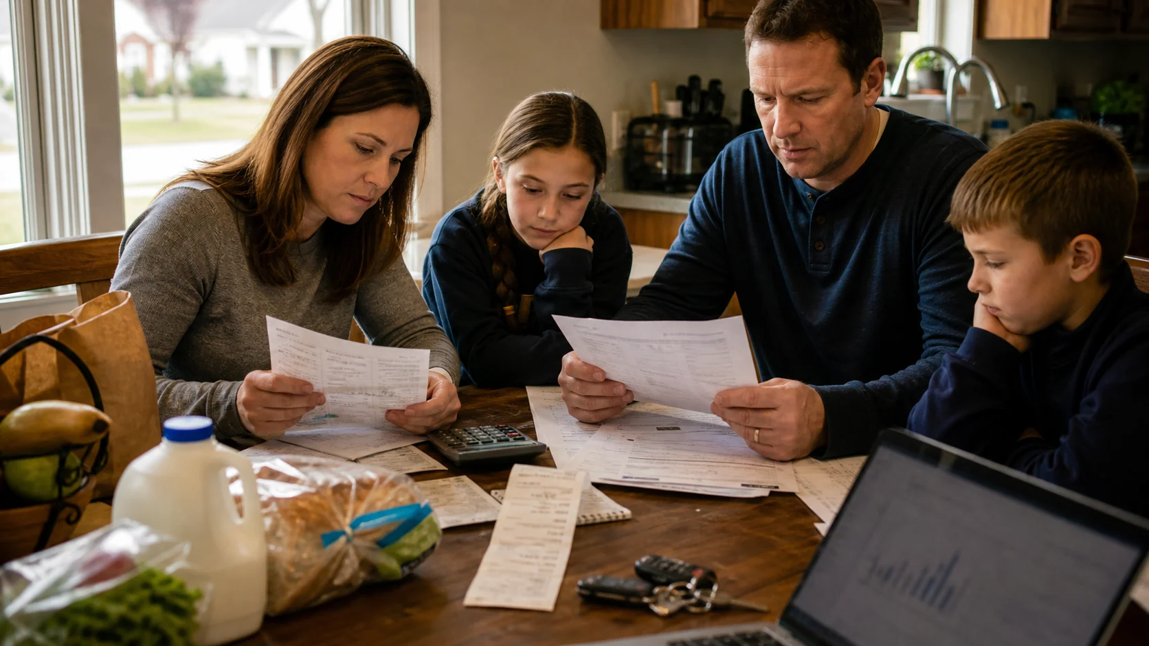 A Missouri family reviewing household bills and housing costs at a kitchen table.