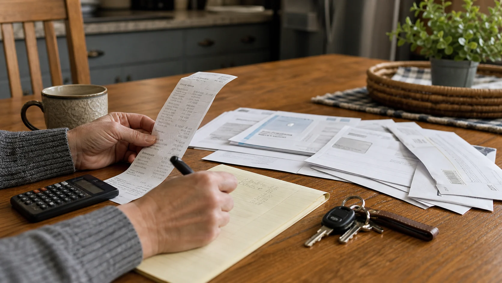 A kitchen table with household bills, receipts, car keys, and a budget notebook.