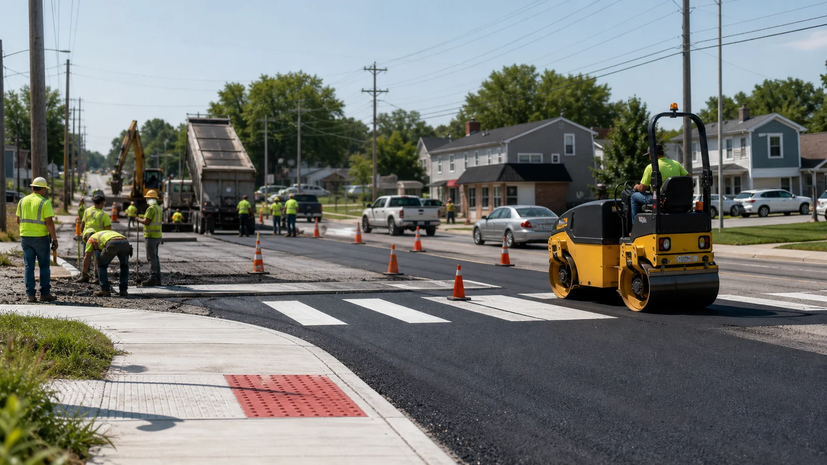 Road crews improving a Missouri suburban street with fresh pavement and safety markings.