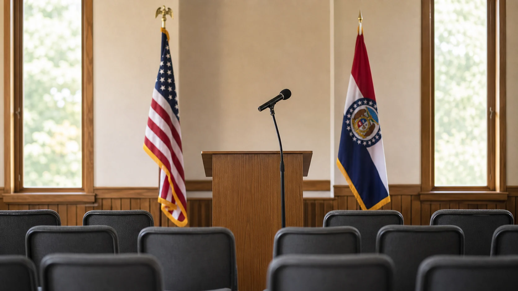 An empty Missouri civic meeting room with a microphone and flags ready for a public forum.