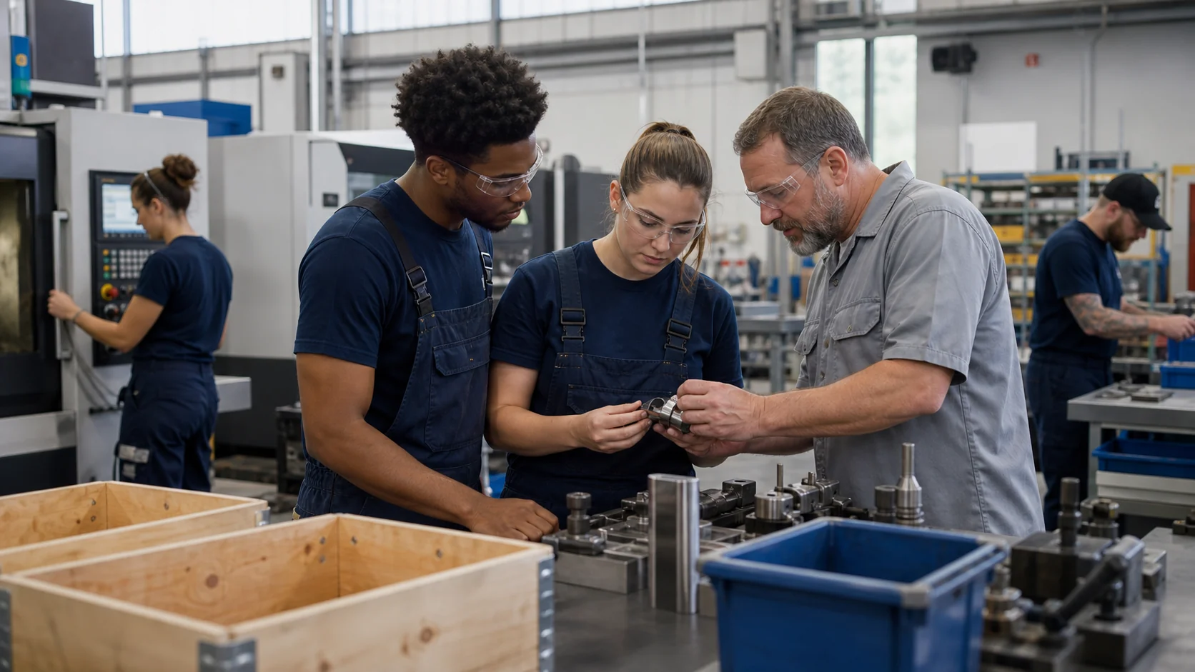 Workers and apprentices reviewing precision manufacturing equipment in a clean modern workshop.