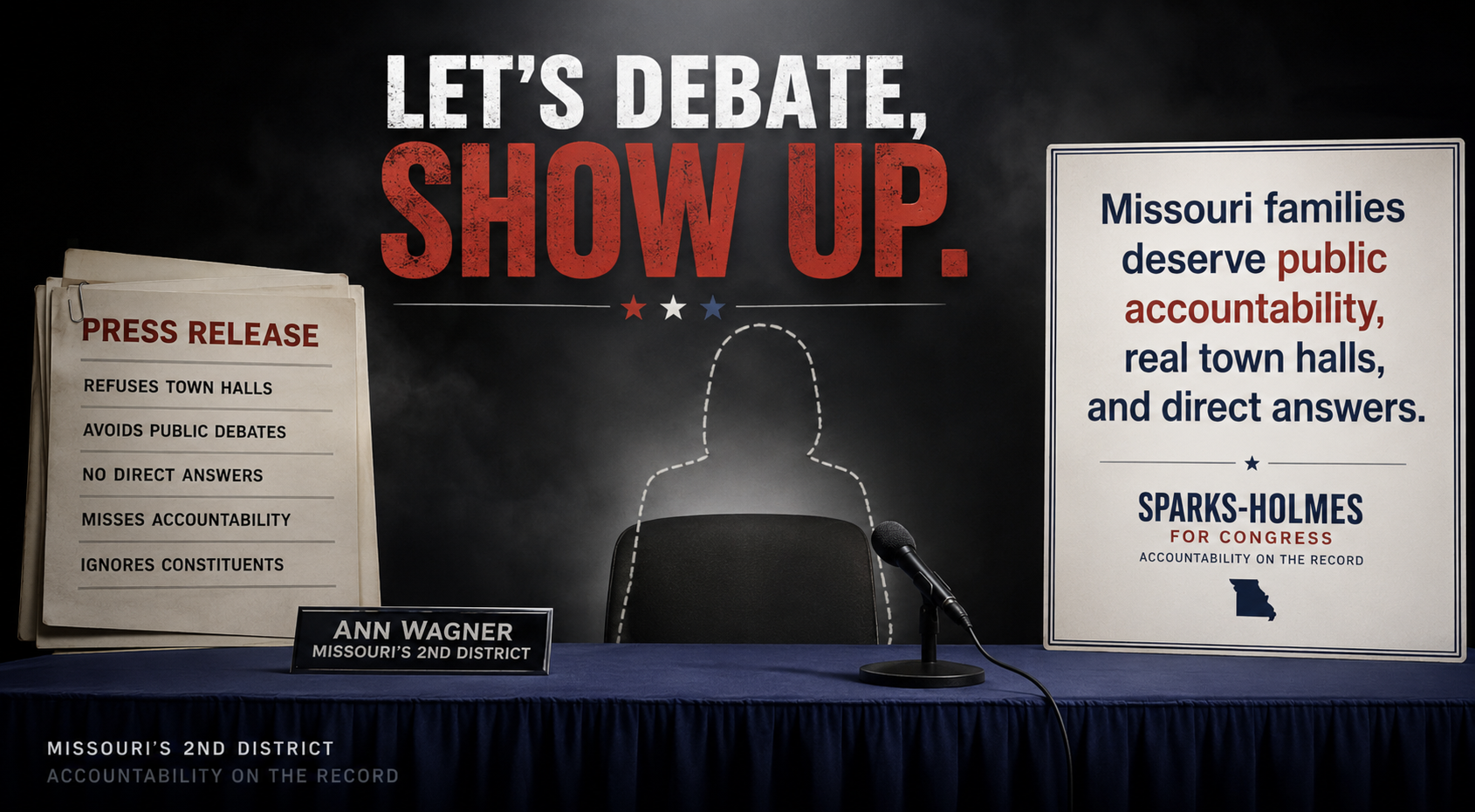 Campaign accountability graphic showing press releases, an empty chair, and the message that Missouri families deserve public accountability and direct answers.